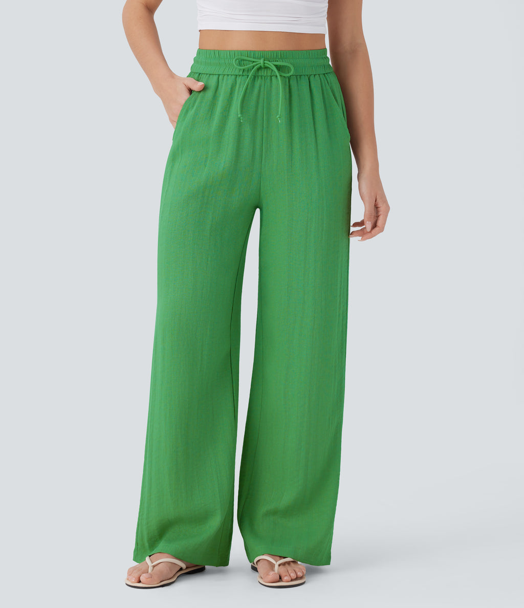 High Waisted Drawstring Pocket Wide Leg Casual Linen-Feel Trousers — Kelly Green — view 19