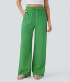 High Waisted Drawstring Pocket Wide Leg Casual Linen-Feel Trousers — Kelly Green — view 19