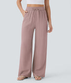 High Waisted Drawstring Pocket Wide Leg Casual Linen-Feel Trousers — Deauville Mauve — view 20