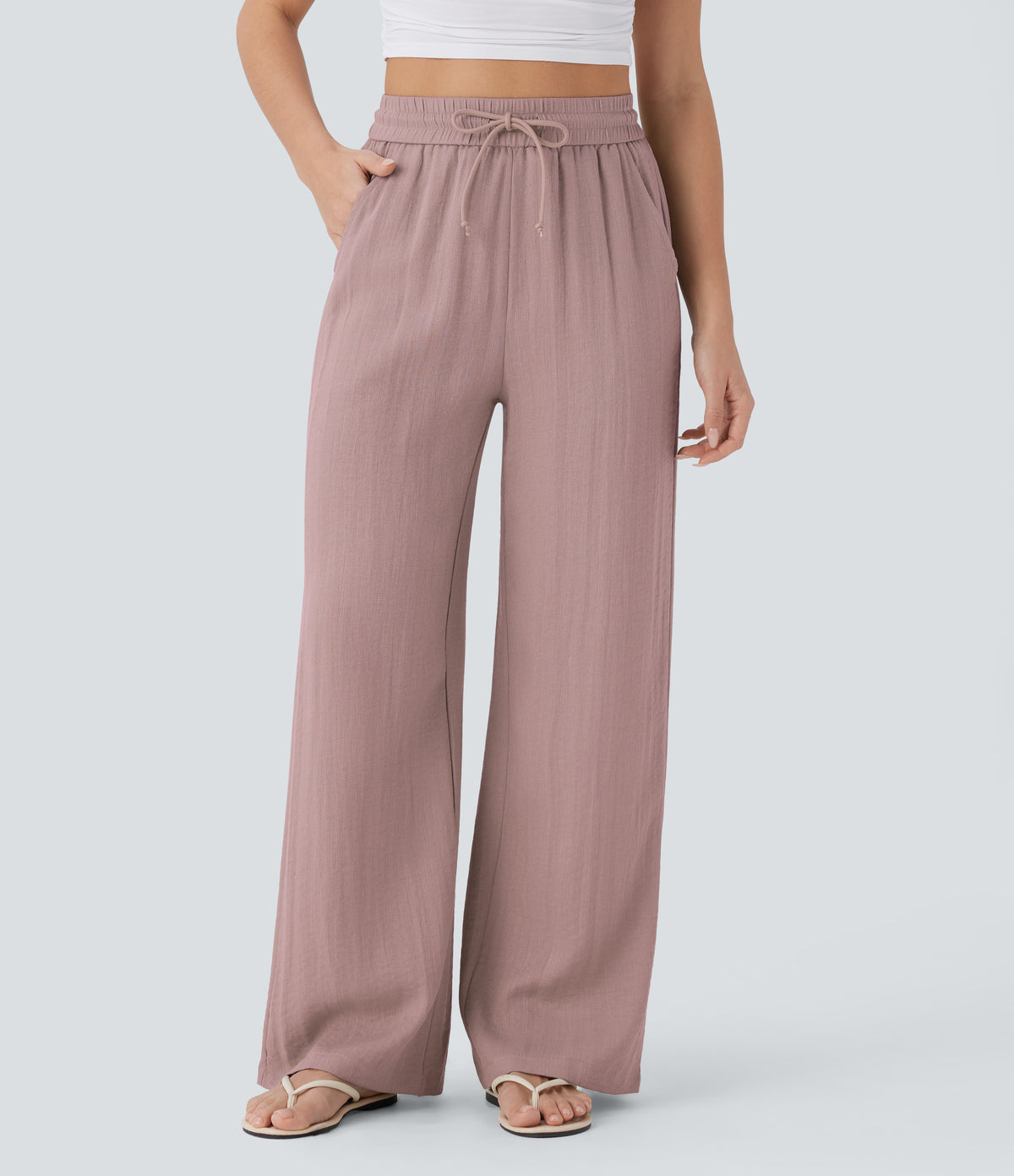 High Waisted Drawstring Pocket Wide Leg Casual Linen-Feel Trousers — Deauville Mauve — view 20