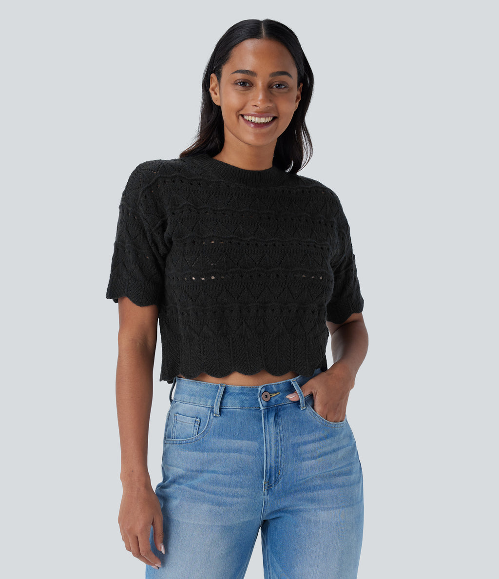 Round Neck Short Sleeve Scallop Hem Open Knit Casual Jumper — Black — view 6