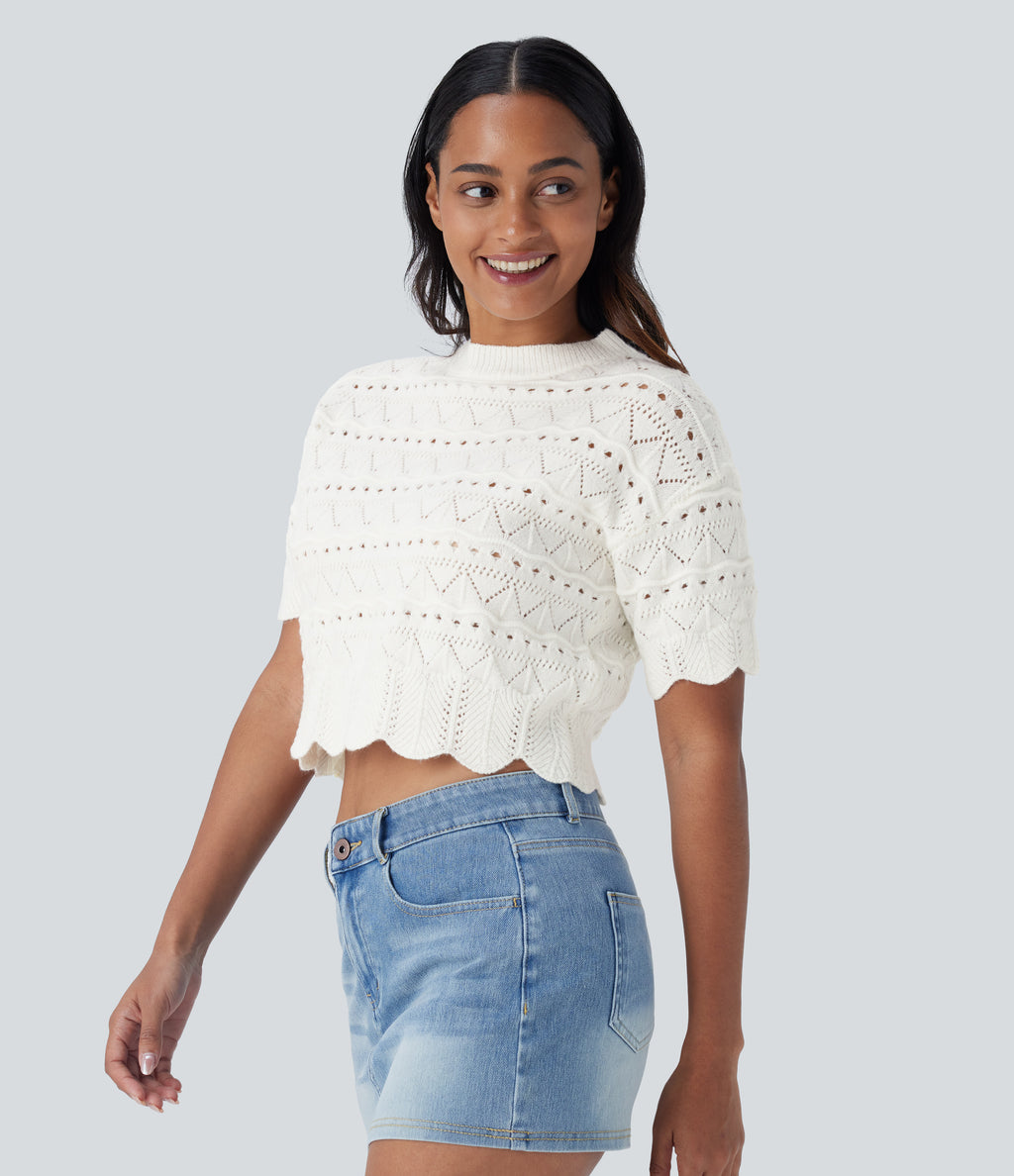 Round Neck Short Sleeve Scallop Hem Open Knit Casual Jumper — White — view 3