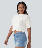 Round Neck Short Sleeve Scallop Hem Open Knit Casual Jumper — White — view 3