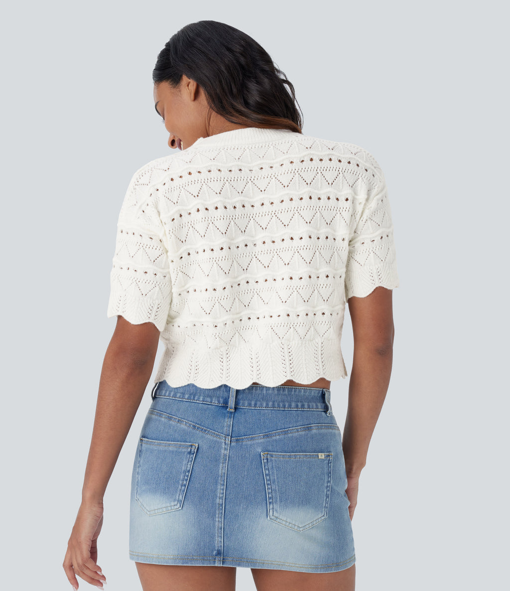 Round Neck Short Sleeve Scallop Hem Open Knit Casual Jumper — White — view 2