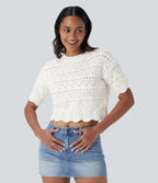 Round Neck Short Sleeve Scallop Hem Open Knit Casual Jumper — White — view 1