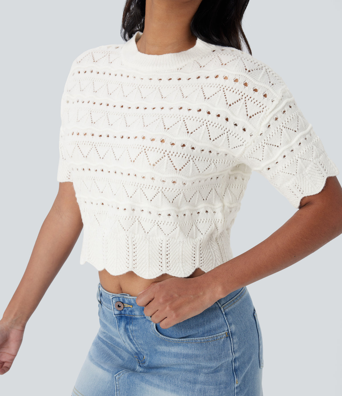 Round Neck Short Sleeve Scallop Hem Open Knit Casual Jumper — White — view 4