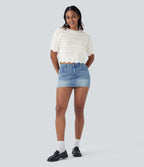 Round Neck Short Sleeve Scallop Hem Open Knit Casual Jumper — White — view 5