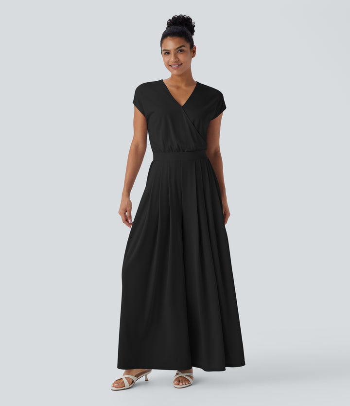 V Neck Short Sleeve Pocket Wide Leg Flowy Waffle Casual Jumpsuit-Edition — Black — view 1