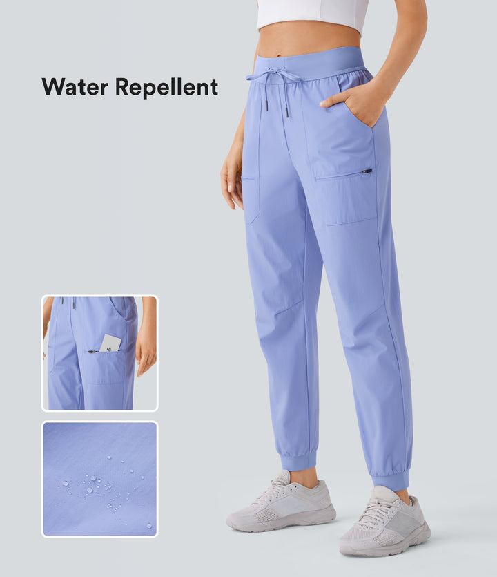 Water Repellent Wear-Resistant Mid Rise Drawstring Multiple Pockets Hiking Pile Joggers — Azure Haze — view 1