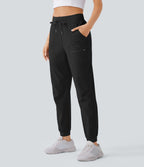 Water Repellent Wear-Resistant Mid Rise Drawstring Multiple Pockets Hiking Pile Joggers — Black — view 9