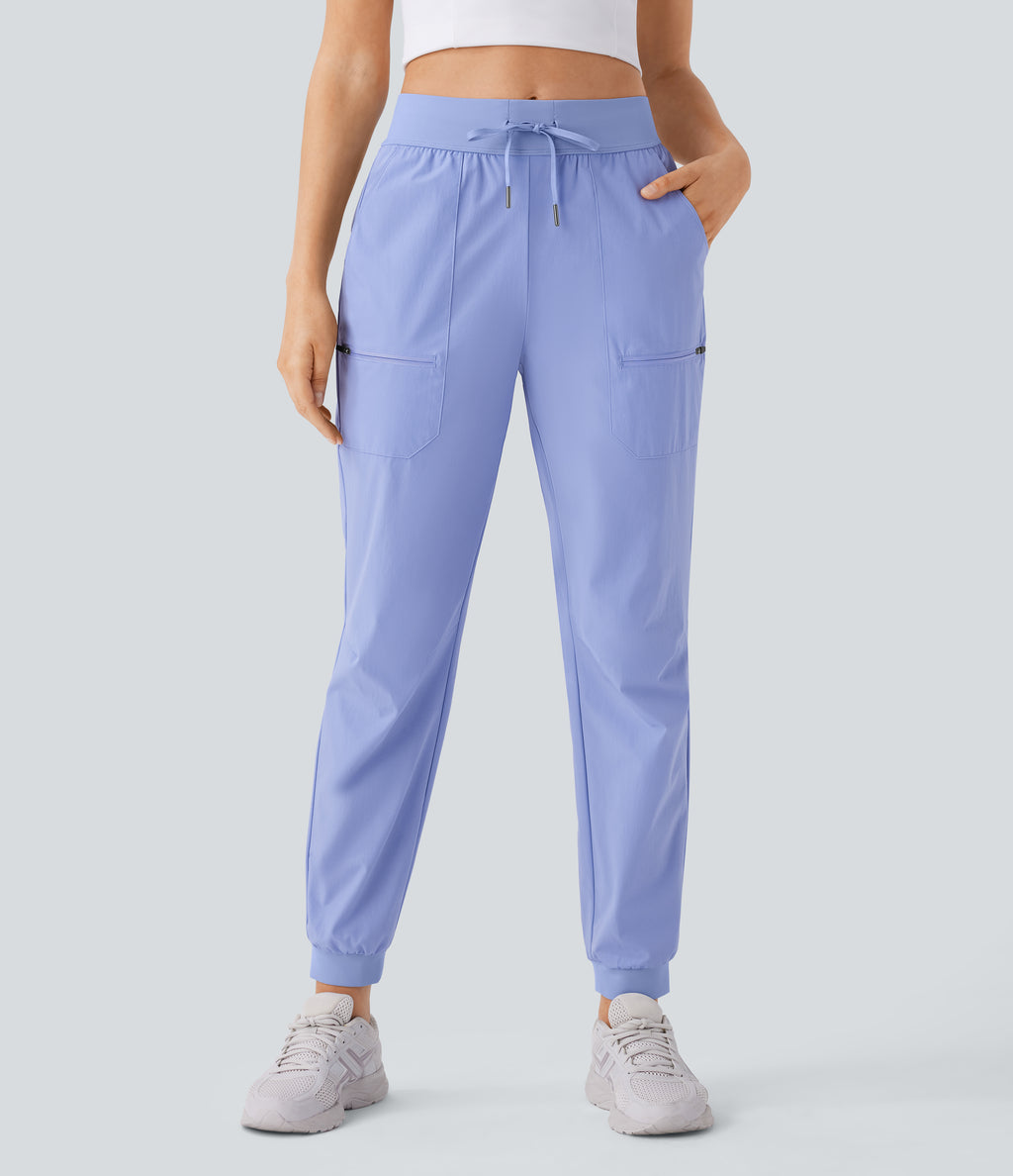 Water Repellent Wear-Resistant Mid Rise Drawstring Multiple Pockets Hiking Pile Joggers — Azure Haze — view 3