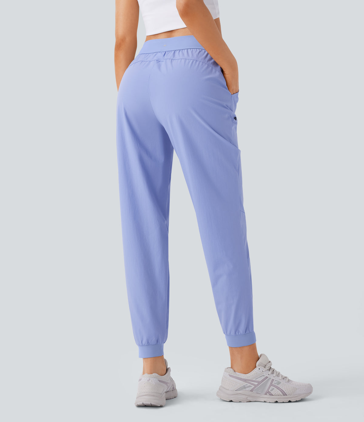 Water Repellent Wear-Resistant Mid Rise Drawstring Multiple Pockets Hiking Pile Joggers — Azure Haze — view 2