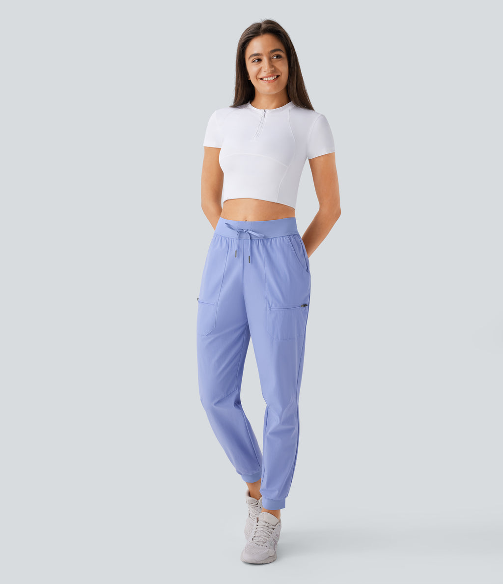 Water Repellent Wear-Resistant Mid Rise Drawstring Multiple Pockets Hiking Pile Joggers — Azure Haze — view 7
