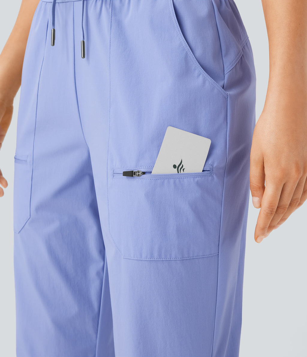 Water Repellent Wear-Resistant Mid Rise Drawstring Multiple Pockets Hiking Pile Joggers — Azure Haze — view 5