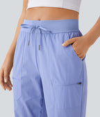 Water Repellent Wear-Resistant Mid Rise Drawstring Multiple Pockets Hiking Pile Joggers — Azure Haze — view 4