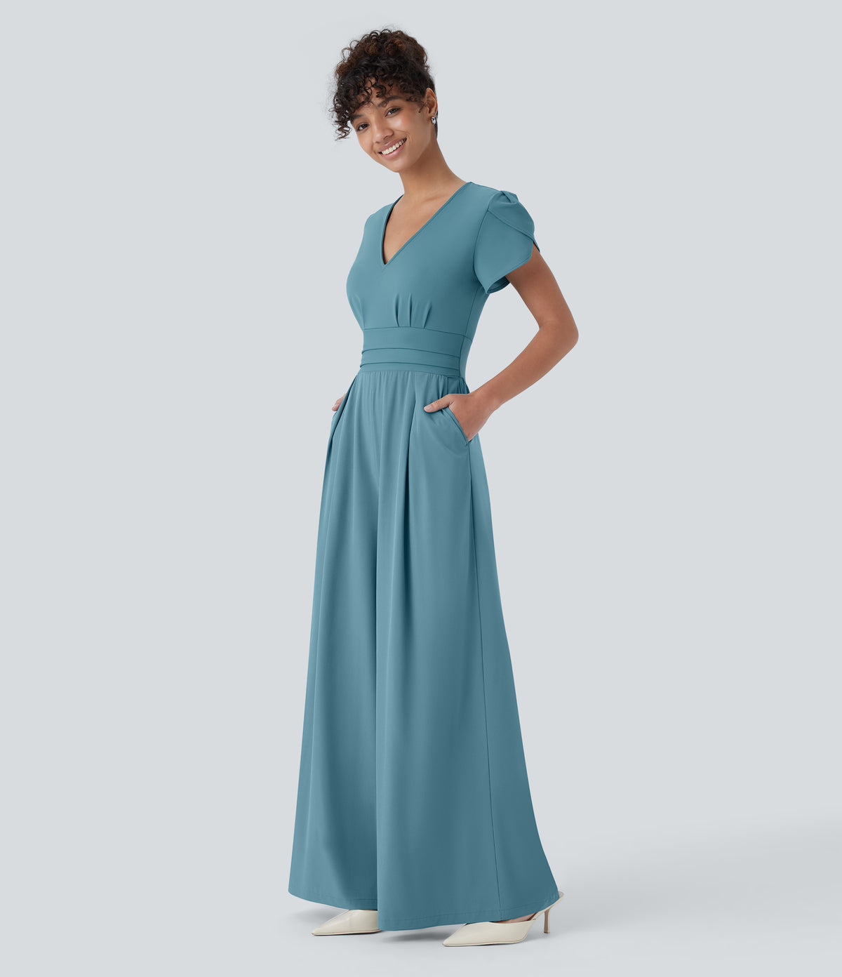 V Neck Petal Sleeve Invisible Zipper Side Pocket Wide Leg Flowy Quick Dry Work Jumpsuit — Stone Blue — view 3