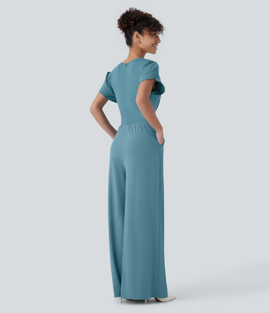 V Neck Petal Sleeve Invisible Zipper Side Pocket Wide Leg Flowy Quick Dry Work Jumpsuit — Stone Blue — view 2