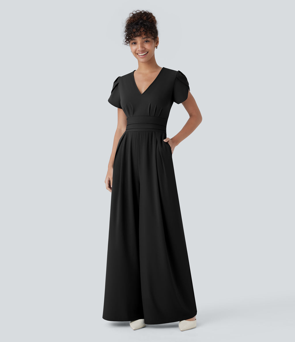 V Neck Petal Sleeve Invisible Zipper Side Pocket Wide Leg Flowy Quick Dry Work Jumpsuit — Black — view 6