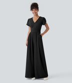 V Neck Petal Sleeve Invisible Zipper Side Pocket Wide Leg Flowy Quick Dry Work Jumpsuit — Black — view 6