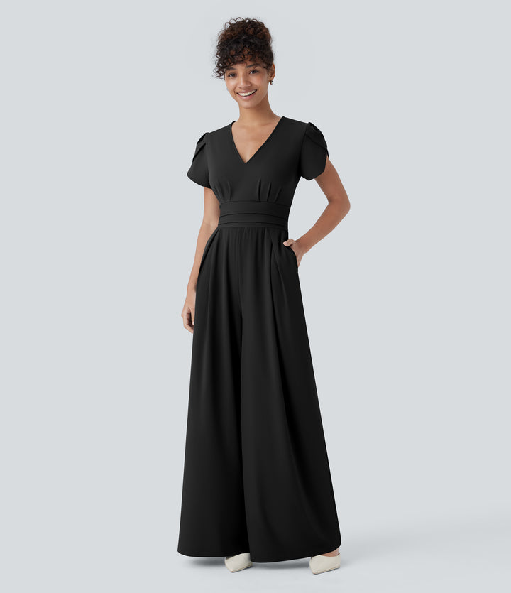 V Neck Petal Sleeve Invisible Zipper Side Pocket Wide Leg Flowy Quick Dry Work Jumpsuit — Black — view 6