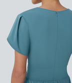 V Neck Petal Sleeve Invisible Zipper Side Pocket Wide Leg Flowy Quick Dry Work Jumpsuit — Stone Blue — view 4