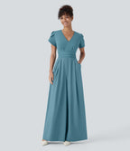 V Neck Petal Sleeve Invisible Zipper Side Pocket Wide Leg Flowy Quick Dry Work Jumpsuit — Stone Blue — view 1