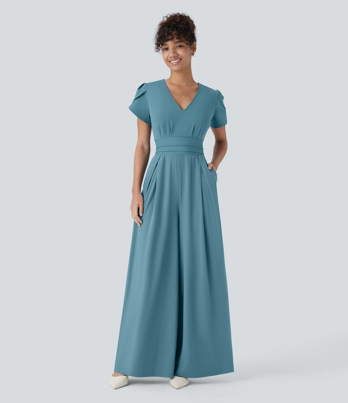 V Neck Petal Sleeve Invisible Zipper Side Pocket Wide Leg Flowy Quick Dry Work Jumpsuit — Stone Blue — view 1