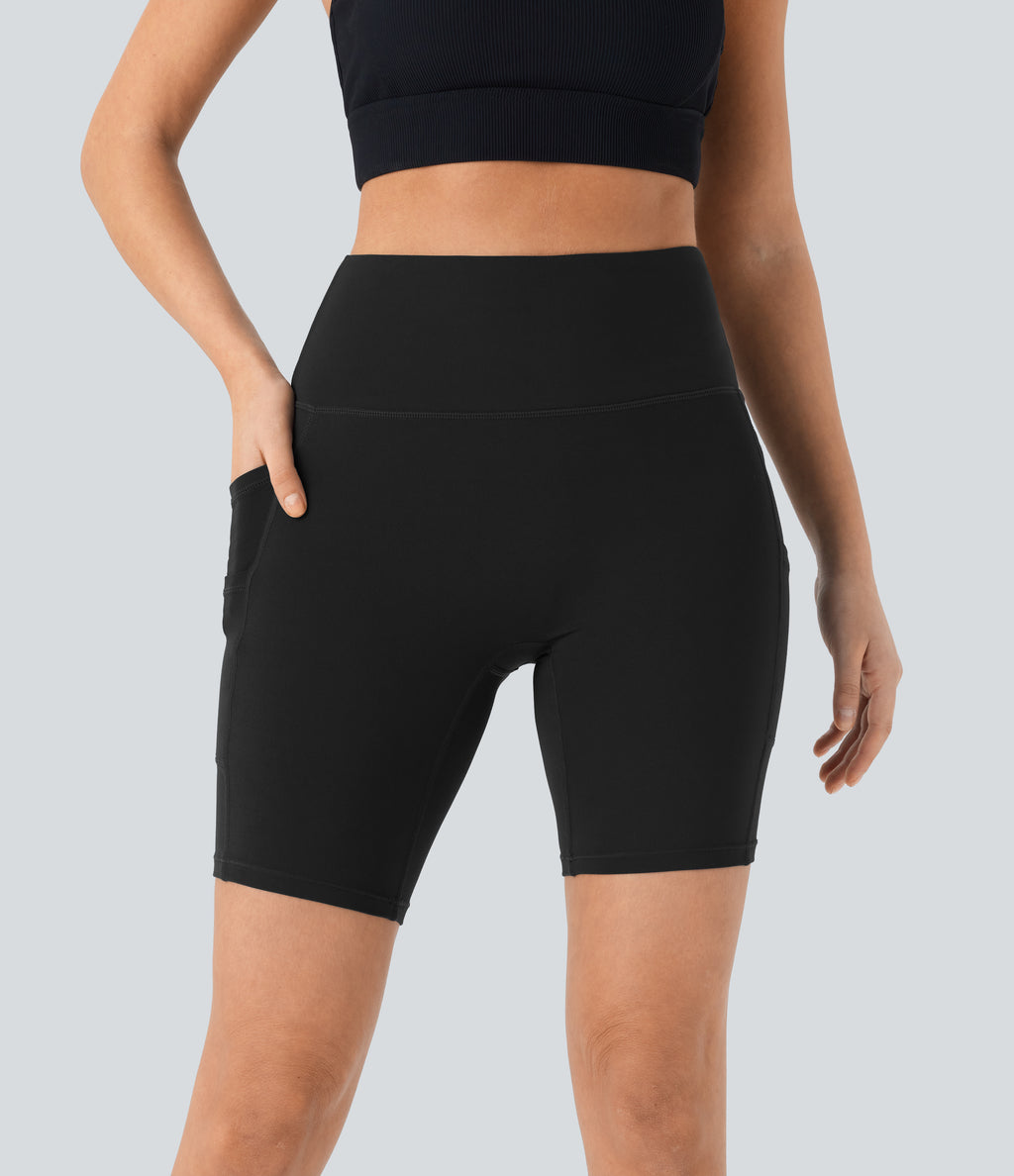 High Waisted Double Pockets Yoga Biker Shorts 7''-UPF50+ — Black — view 3