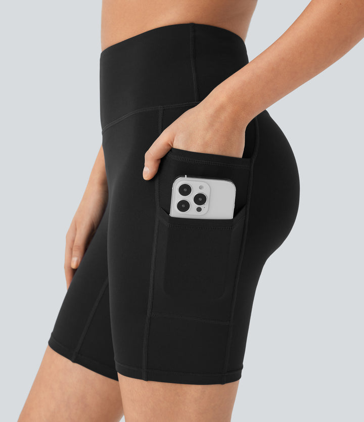 High Waisted Double Pockets Yoga Biker Shorts 7''-UPF50+ — Black — view 1