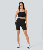 High Waisted Double Pockets Yoga Biker Shorts 7''-UPF50+ — Black — view 6