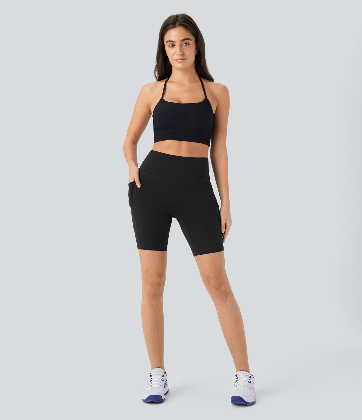 High Waisted Double Pockets Yoga Biker Shorts 7''-UPF50+ — Black — view 6