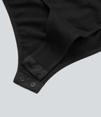 U Neck Short Sleeve Snap Button Skinny Work Bodysuit — Black — view 7