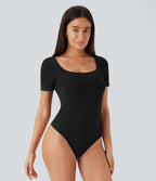 U Neck Short Sleeve Snap Button Skinny Work Bodysuit — Black — view 2