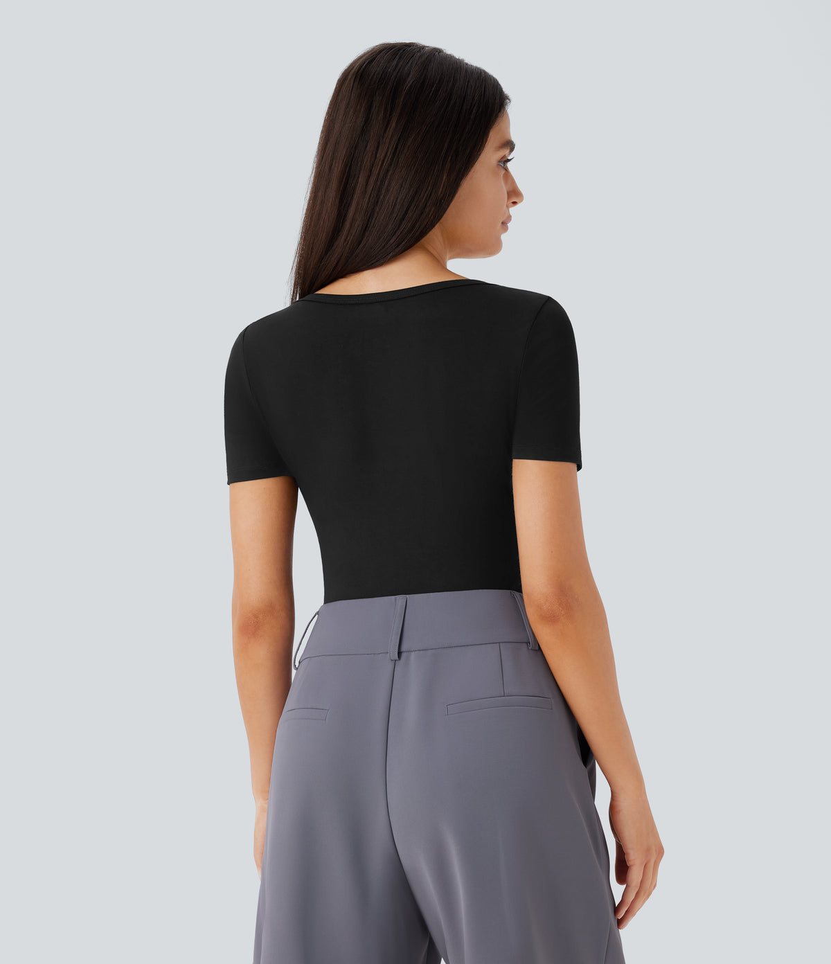 U Neck Short Sleeve Snap Button Skinny Work Bodysuit — Black — view 3