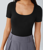 U Neck Short Sleeve Snap Button Skinny Work Bodysuit — Black — view 5