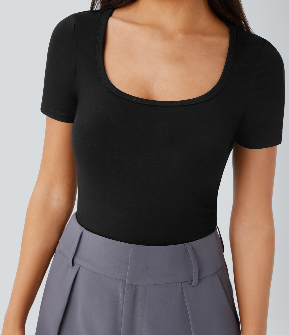 U Neck Short Sleeve Snap Button Skinny Work Bodysuit — Black — view 5