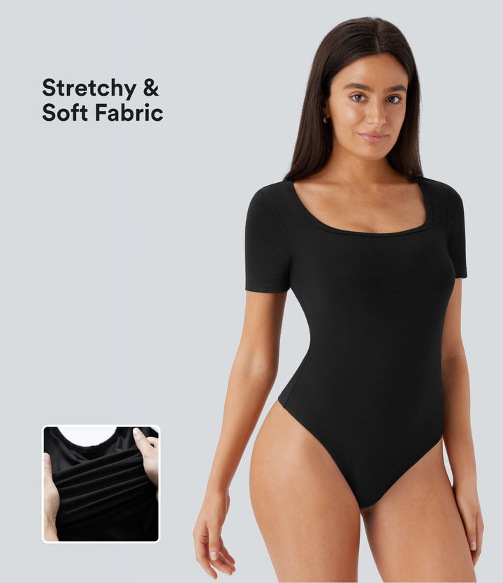 U Neck Short Sleeve Snap Button Skinny Work Bodysuit — Black — view 1