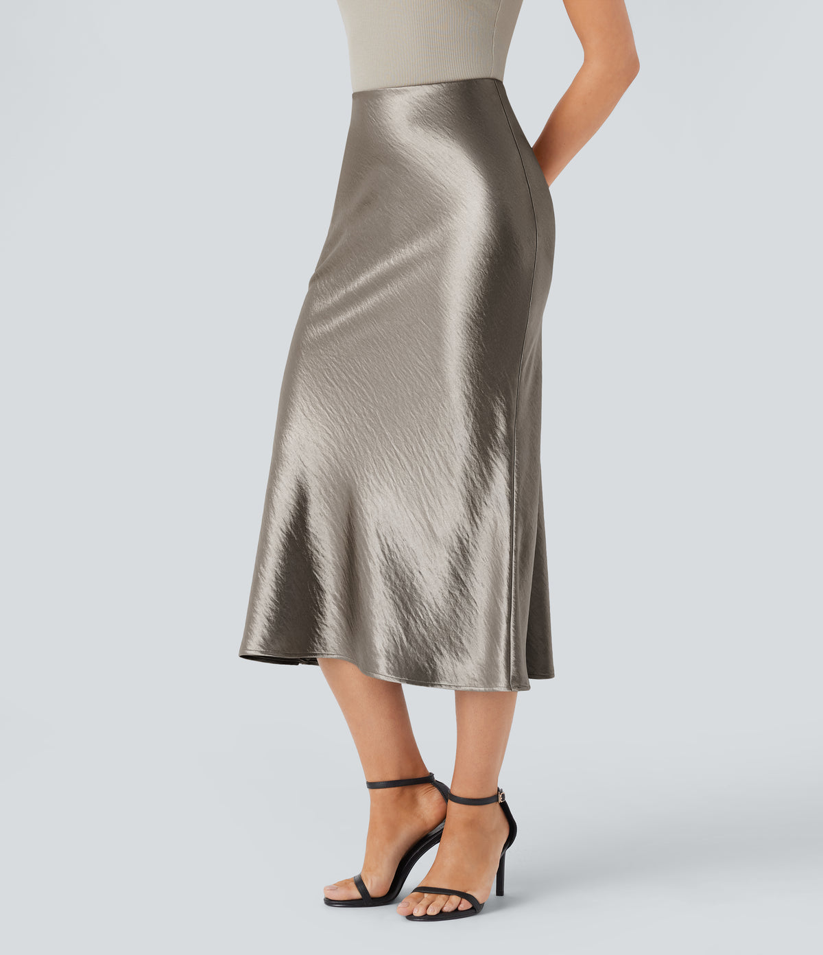 High Waisted Invisible Zipper Satin Midi Work Mermaid Skirt — White Pewter — view 3