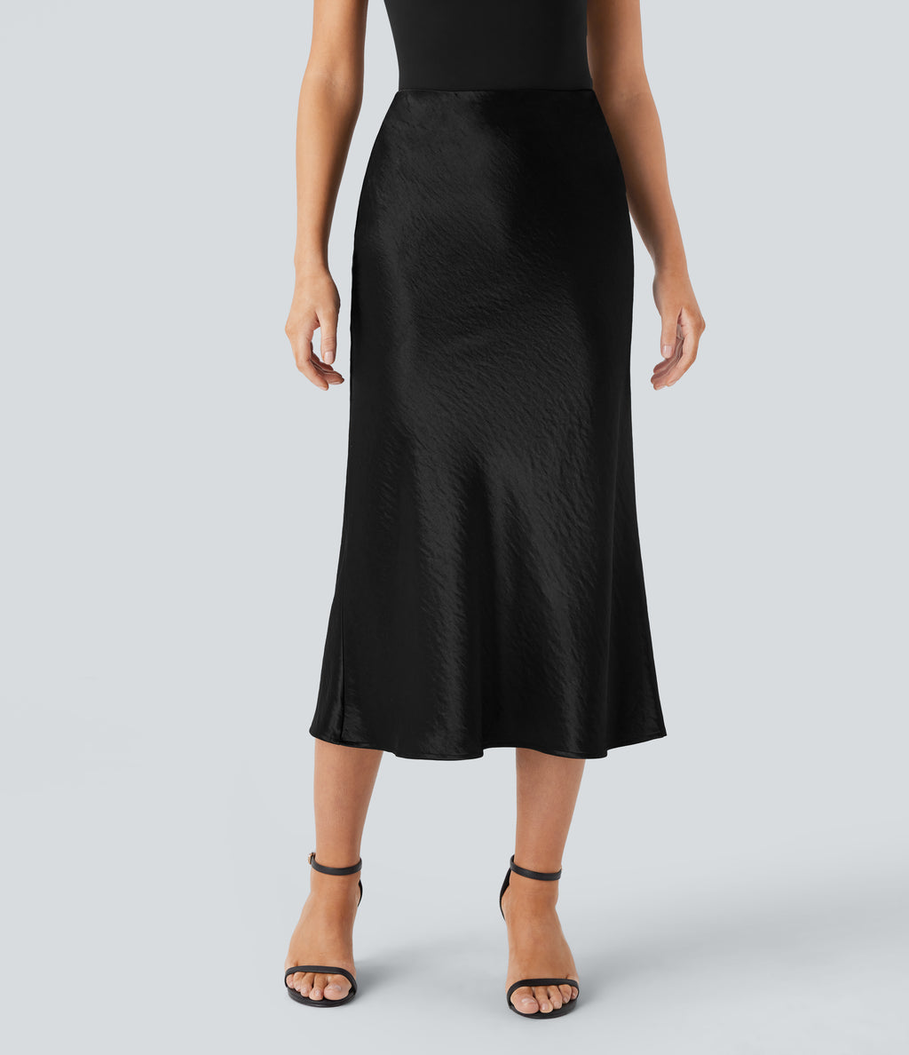 High Waisted Invisible Zipper Satin Midi Work Mermaid Skirt — Black — view 7