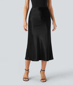 High Waisted Invisible Zipper Satin Midi Work Mermaid Skirt — Black — view 7