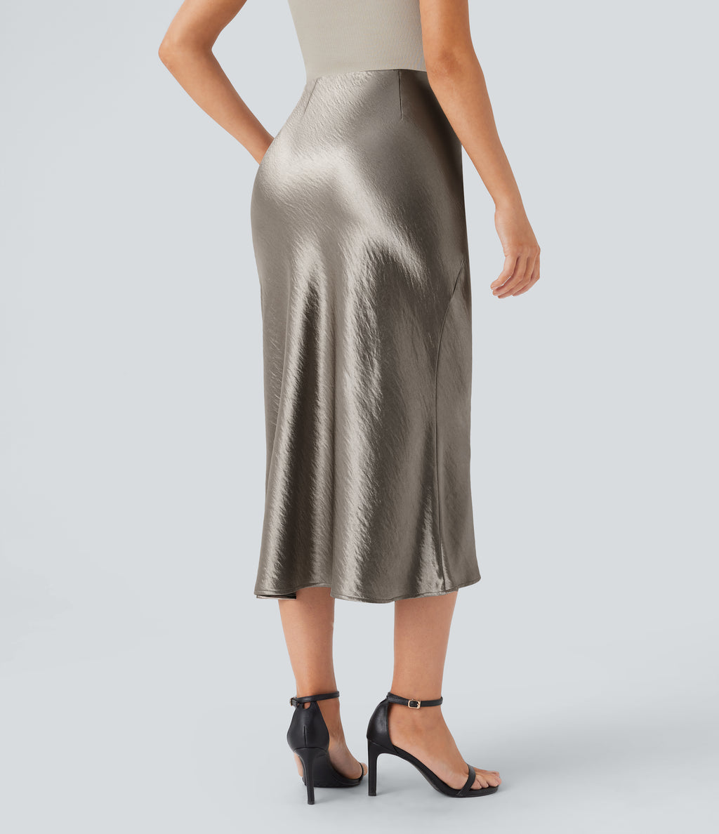 High Waisted Invisible Zipper Satin Midi Work Mermaid Skirt — White Pewter — view 2