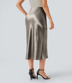 High Waisted Invisible Zipper Satin Midi Work Mermaid Skirt — White Pewter — view 2
