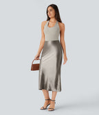 High Waisted Invisible Zipper Satin Midi Work Mermaid Skirt — White Pewter — view 6