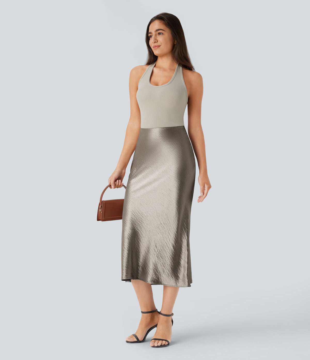 High Waisted Invisible Zipper Satin Midi Work Mermaid Skirt — White Pewter — view 6