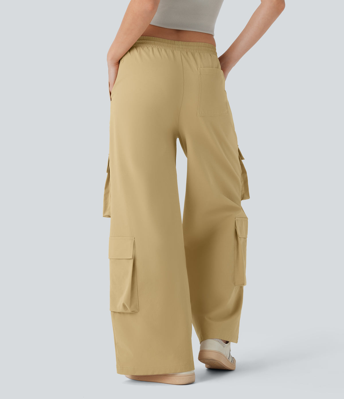 Mid Rise Drawstring Pockets Wide Leg Cargo Casual Trousers — Moonstone — view 2