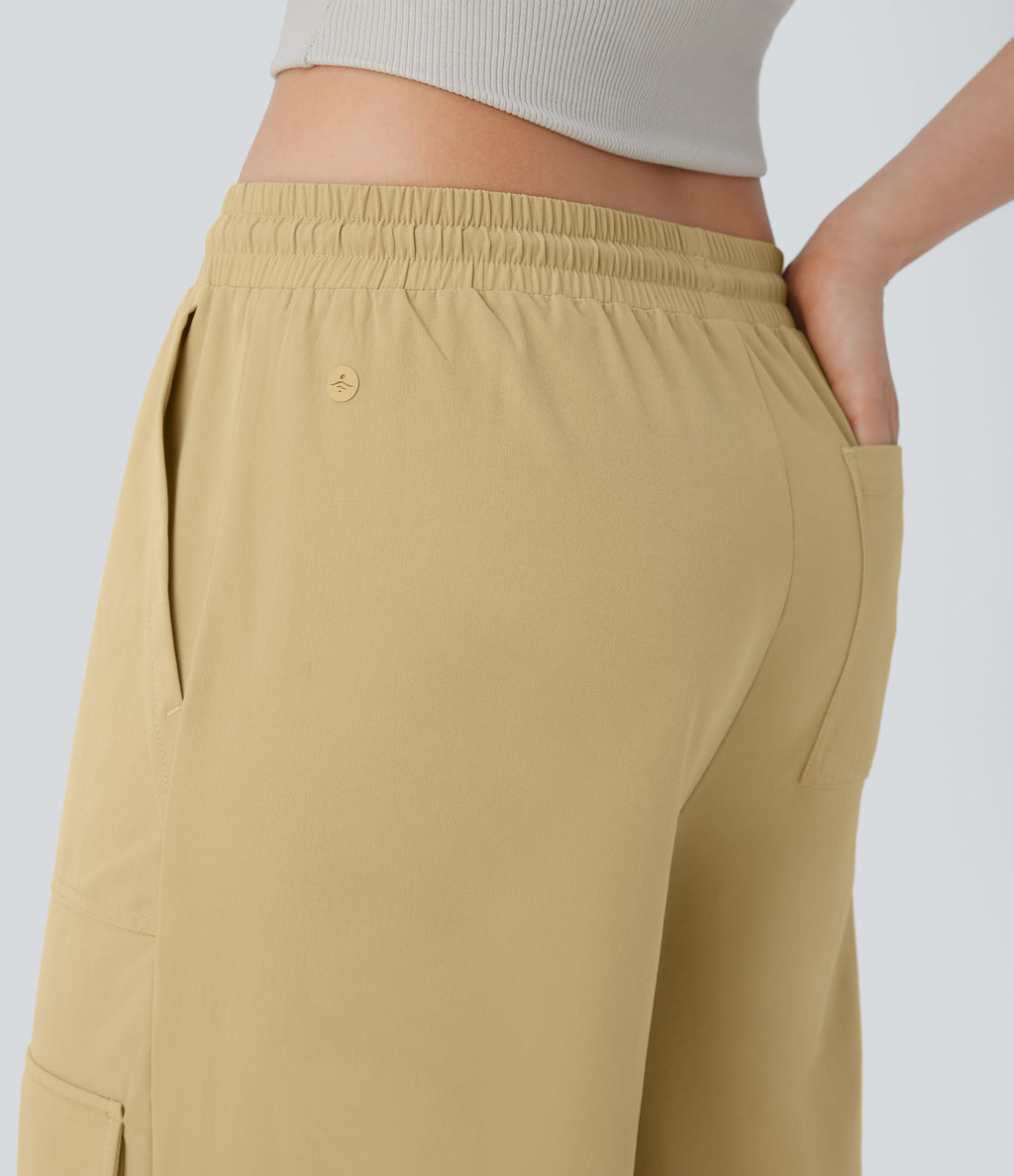 Mid Rise Drawstring Pockets Wide Leg Cargo Casual Trousers — Moonstone — view 5