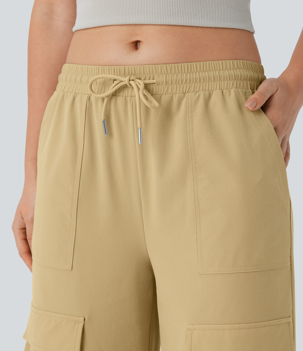 Mid Rise Drawstring Pockets Wide Leg Cargo Casual Trousers — Moonstone — view 4