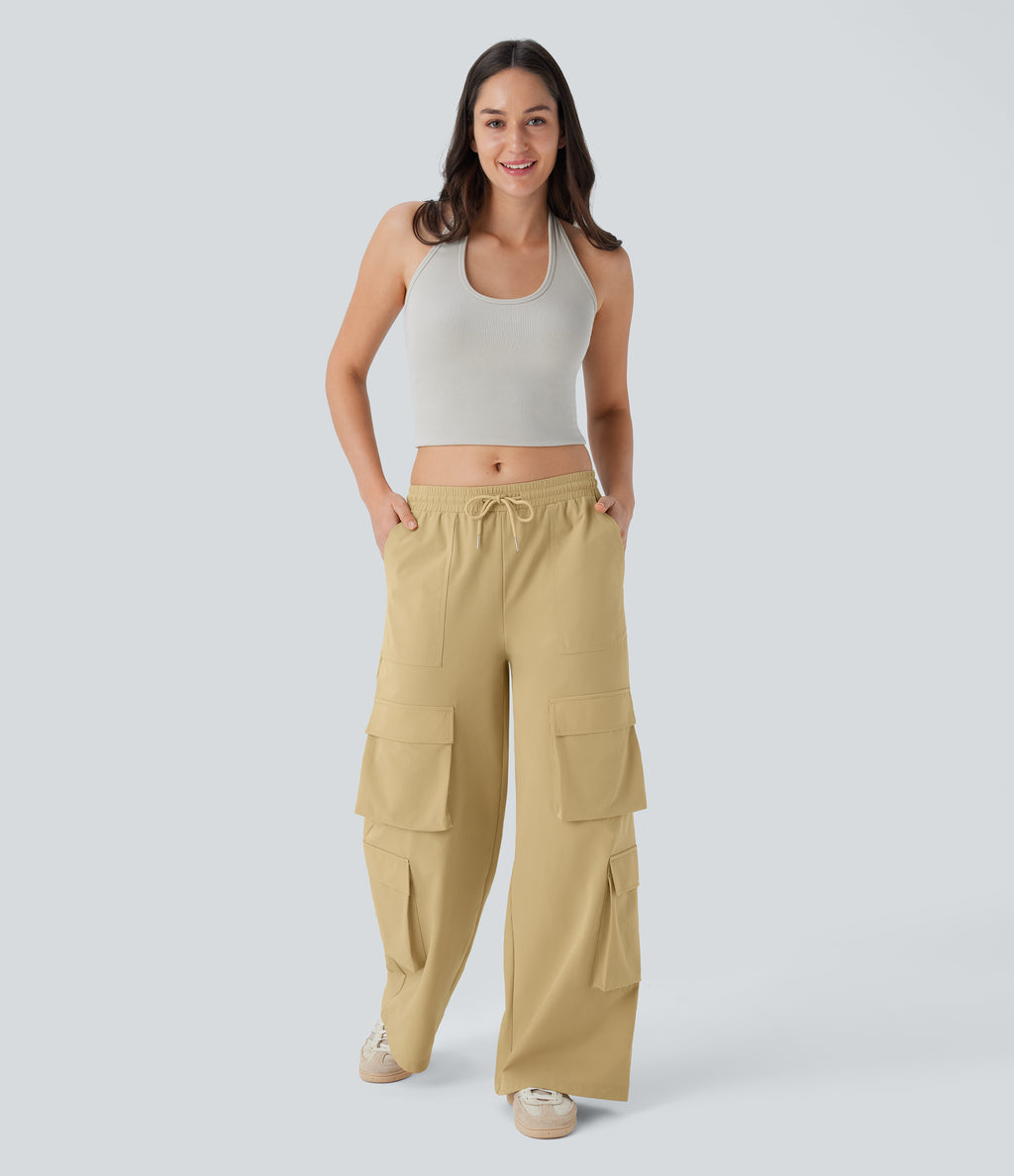 Mid Rise Drawstring Pockets Wide Leg Cargo Casual Trousers — Moonstone — view 7