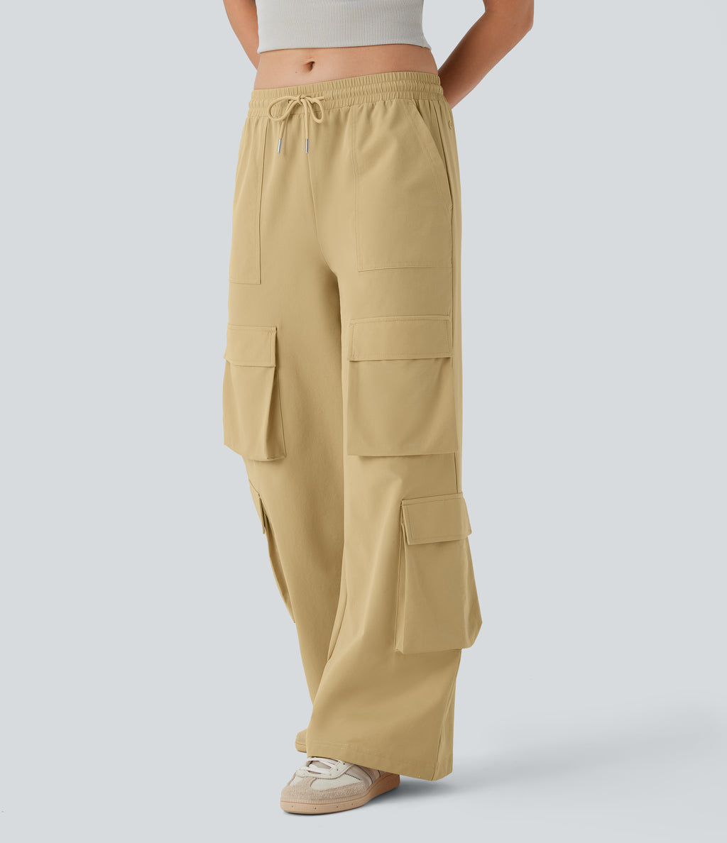 Mid Rise Drawstring Pockets Wide Leg Cargo Casual Trousers — Moonstone — view 3