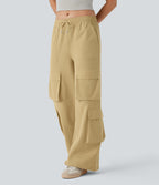 Mid Rise Drawstring Pockets Wide Leg Cargo Casual Trousers — Moonstone — view 3